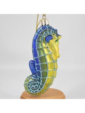 Old World Christmas Sea Horse Blue Green Blown Glass Christmas Ornament Glitter